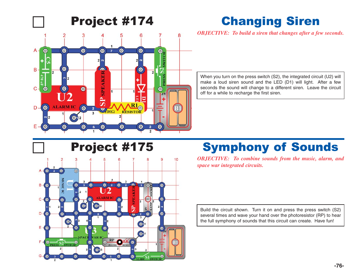 Project #175 symphony of sounds, Project #174 changing siren | Elenco Electronics 202 User Manual | Page 77 / 132