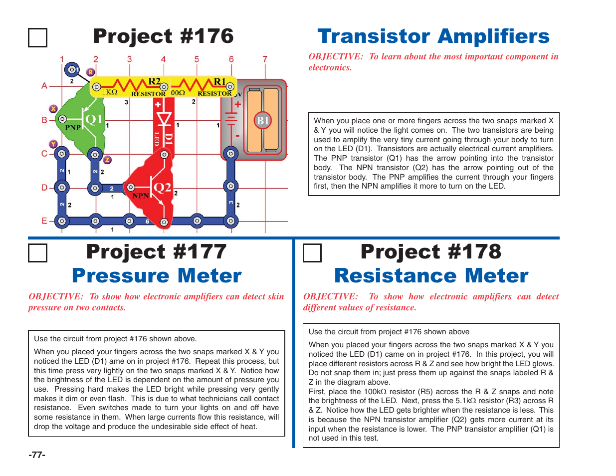 Project #176, Transistor amplifiers | Elenco Electronics 202 User Manual | Page 78 / 132