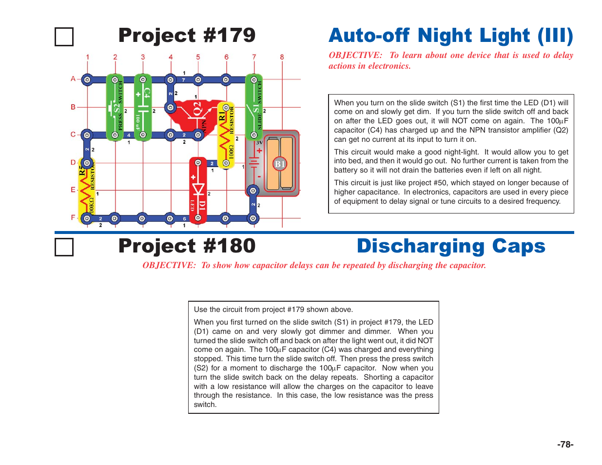 Project #180 discharging caps, Project #179, Auto-off night light (iii) | Elenco Electronics 202 User Manual | Page 79 / 132