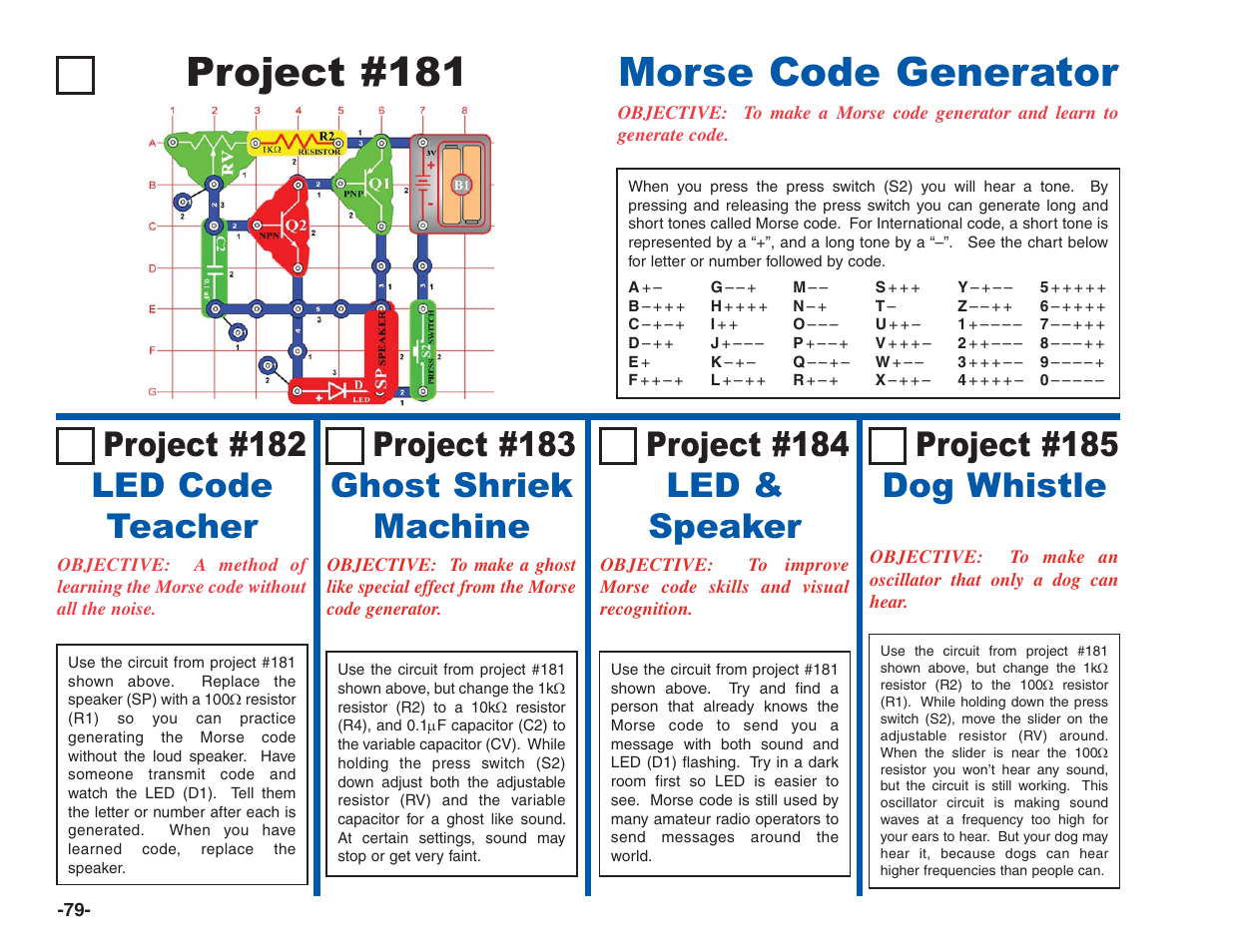 Project #181 morse code generator, Project #182 led code teacher, Project #184 led & speaker | Project #183 ghost shriek machine, Project #185 dog whistle | Elenco Electronics 202 User Manual | Page 80 / 132