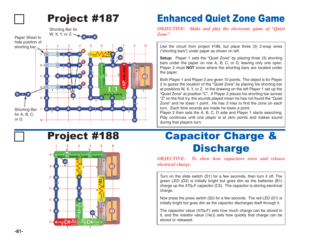 Project #187, Enhanced quiet zone game project #188, Capacitor charge & discharge | Elenco Electronics 202 User Manual | Page 82 / 132