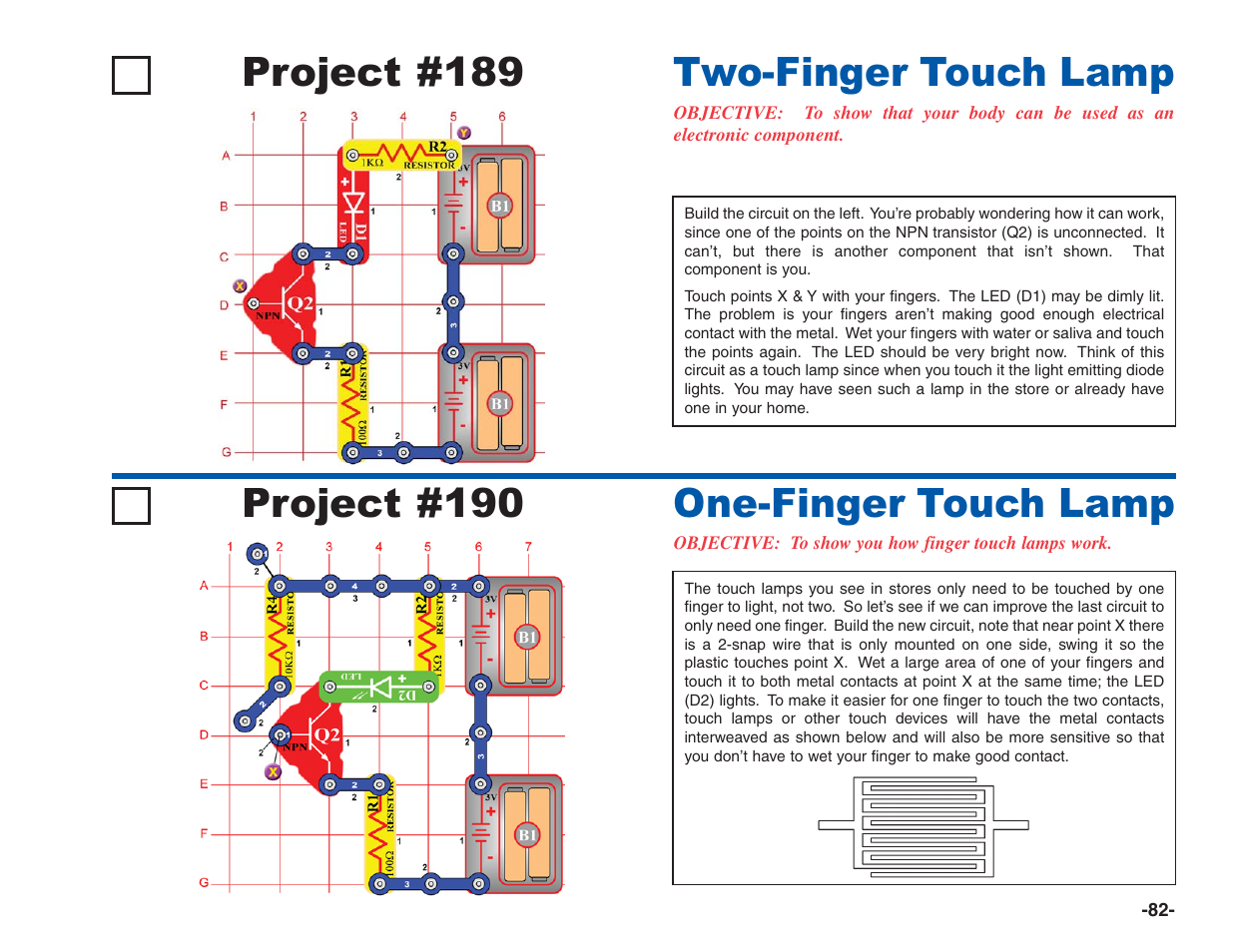 Project #189, Two-finger touch lamp project #190, One-finger touch lamp | Elenco Electronics 202 User Manual | Page 83 / 132