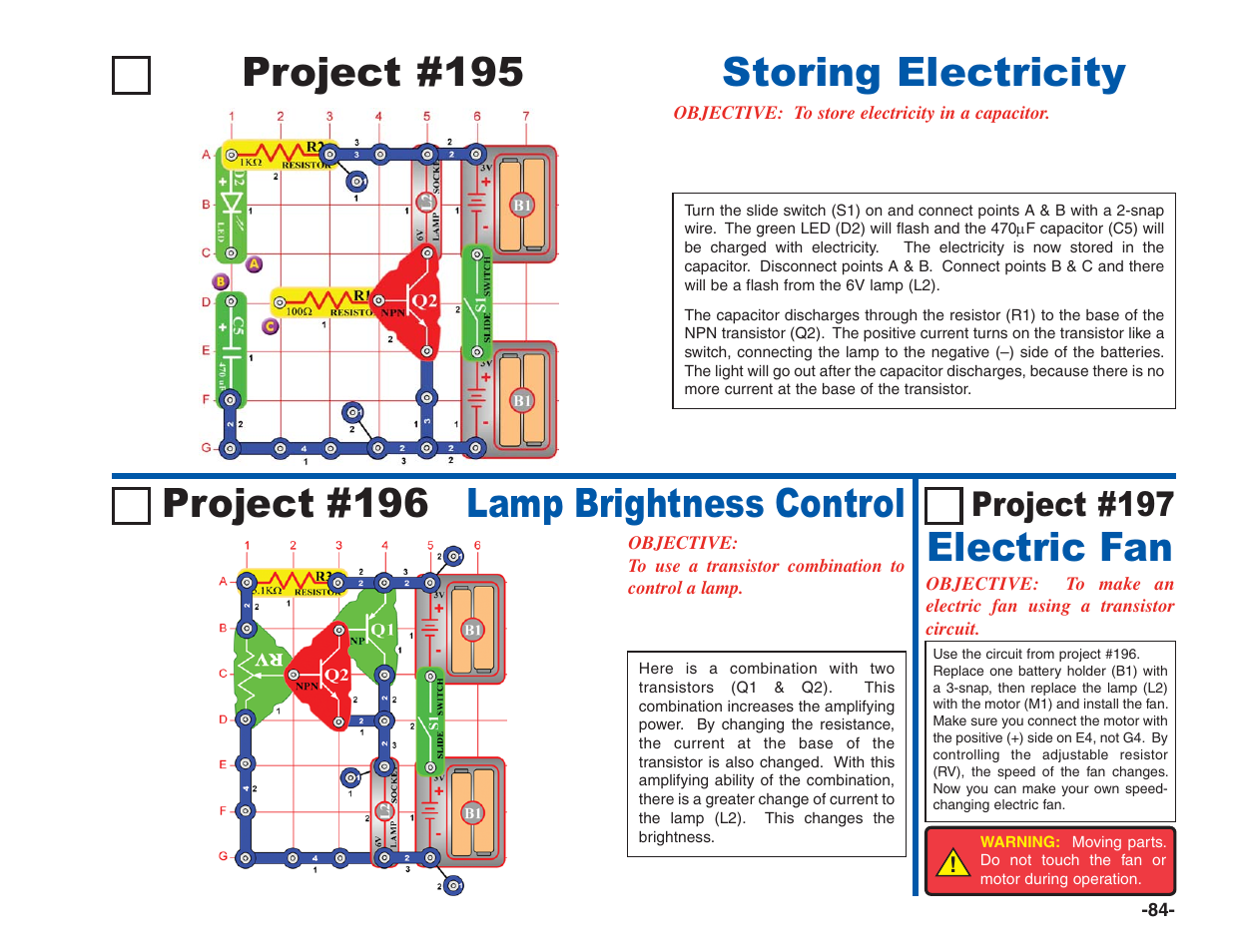 Project #195 storing electricity, Project #196 lamp brightness control, Electric fan | Project #197 | Elenco Electronics 202 User Manual | Page 85 / 132