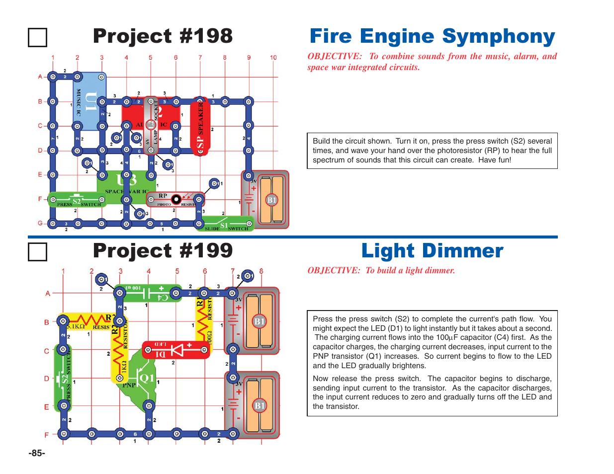 Project #198 fire engine symphony, Project #199, Light dimmer | Elenco Electronics 202 User Manual | Page 86 / 132