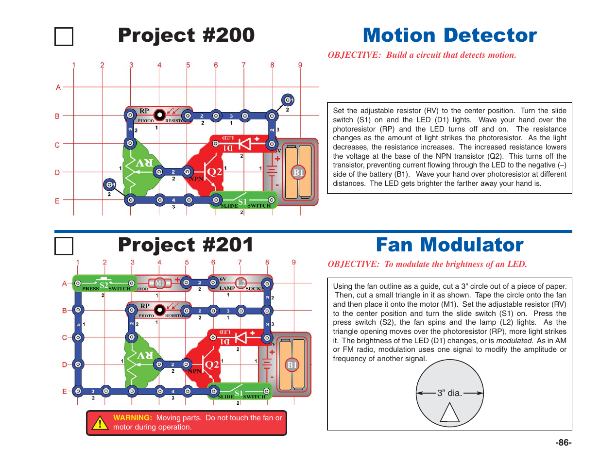 Project #200, Motion detector project #201, Fan modulator | Elenco Electronics 202 User Manual | Page 87 / 132