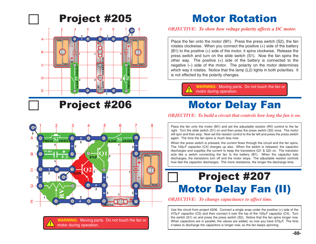 Project #205, Motor rotation, Project #207 motor delay fan (ii) | Project #206 motor delay fan | Elenco Electronics 202 User Manual | Page 89 / 132