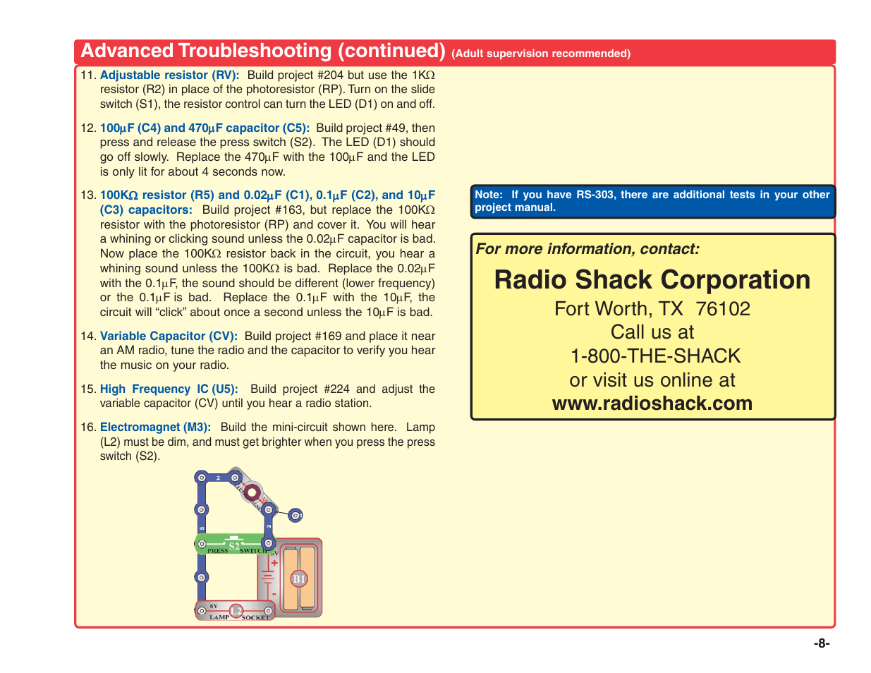 Radio shack corporation, Advanced troubleshooting (continued) | Elenco Electronics 202 User Manual | Page 9 / 132