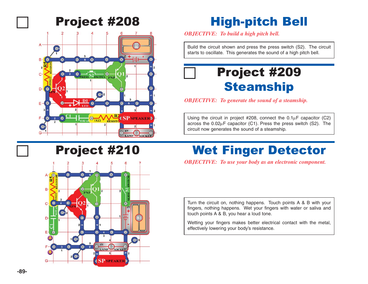 Wet finger detector, Project #209 steamship | Elenco Electronics 202 User Manual | Page 90 / 132