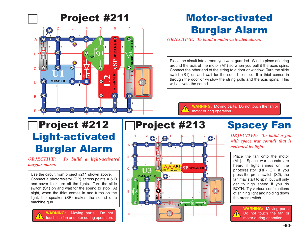 Project #211, Motor-activated burglar alarm, Project #212 light-activated burglar alarm | Project #213 spacey fan | Elenco Electronics 202 User Manual | Page 91 / 132