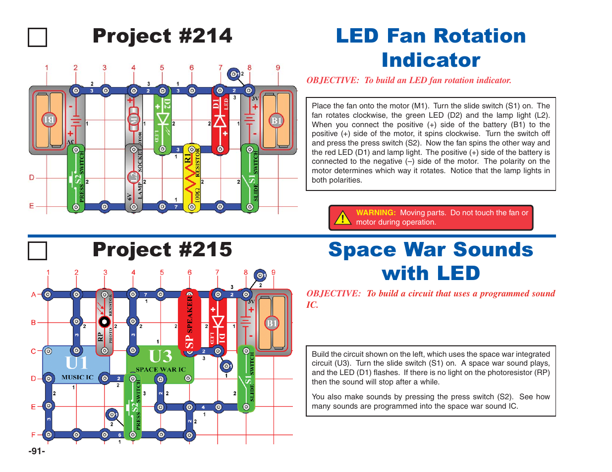 Project #215, Space war sounds with led project #214, Led fan rotation indicator | Elenco Electronics 202 User Manual | Page 92 / 132