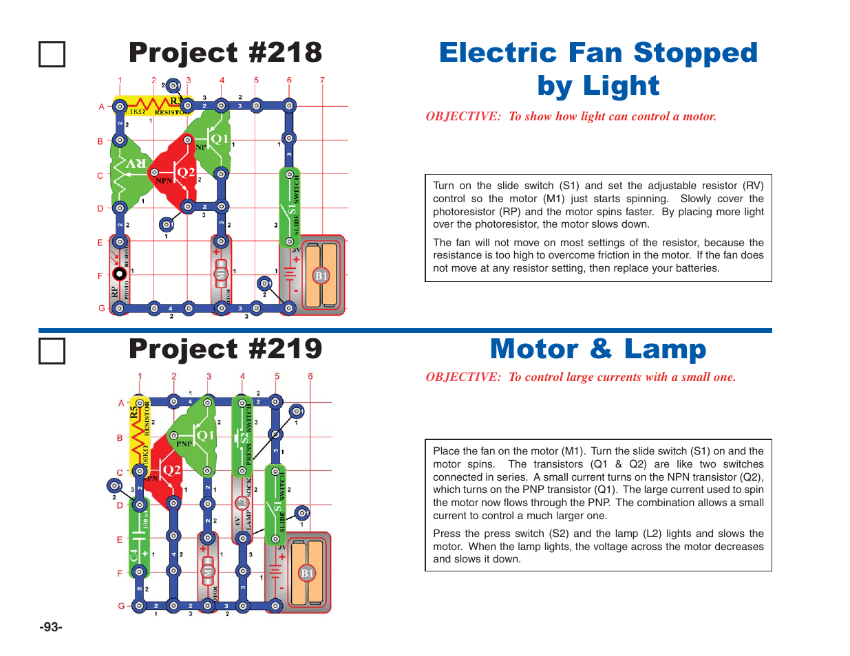 Project #218, Electric fan stopped by light project #219, Motor & lamp | Elenco Electronics 202 User Manual | Page 94 / 132