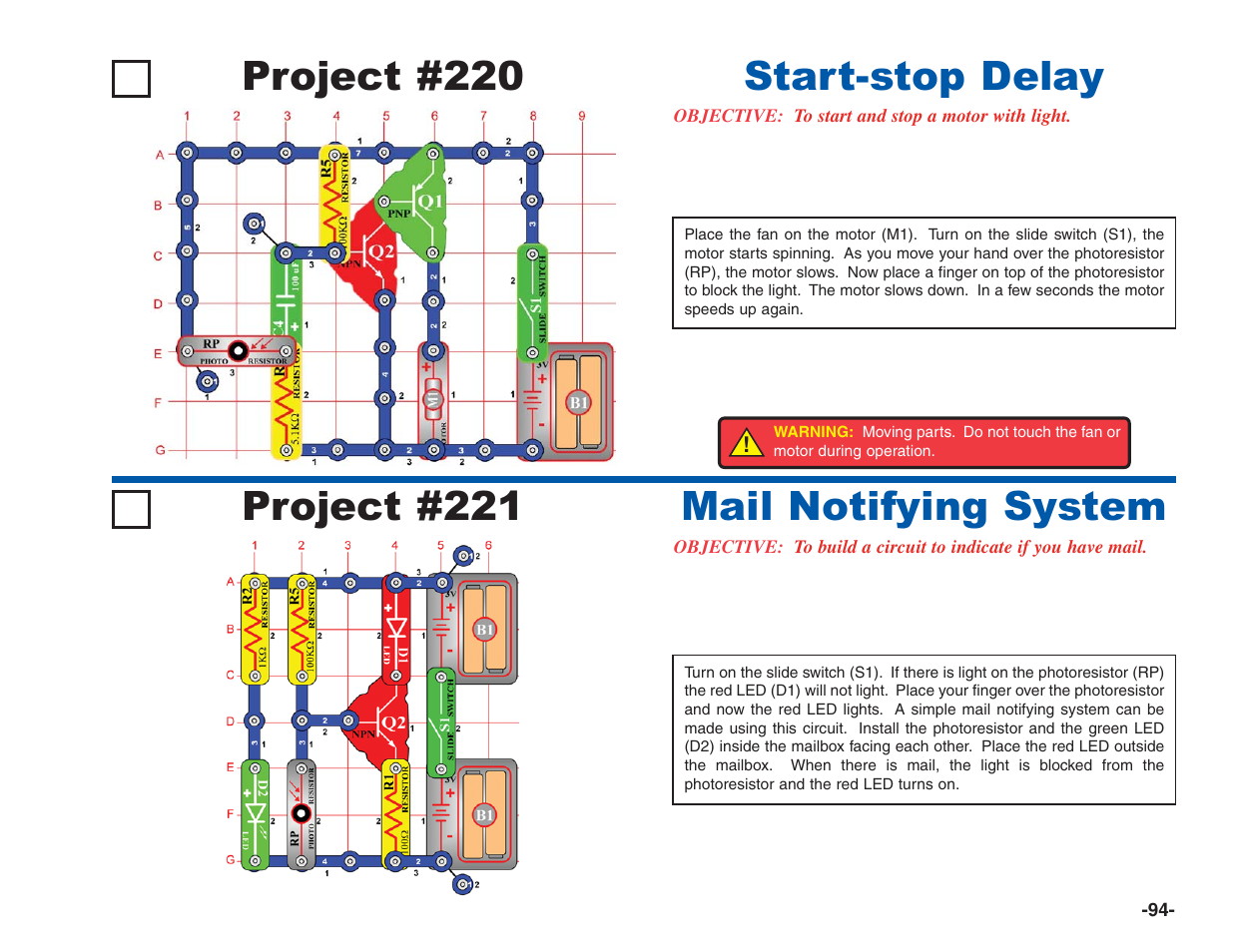 Project #220, Start-stop delay project #221, Mail notifying system | Elenco Electronics 202 User Manual | Page 95 / 132