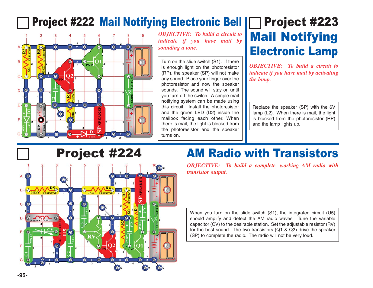 Project #224, Project #223 mail notifying electronic lamp | Elenco Electronics 202 User Manual | Page 96 / 132