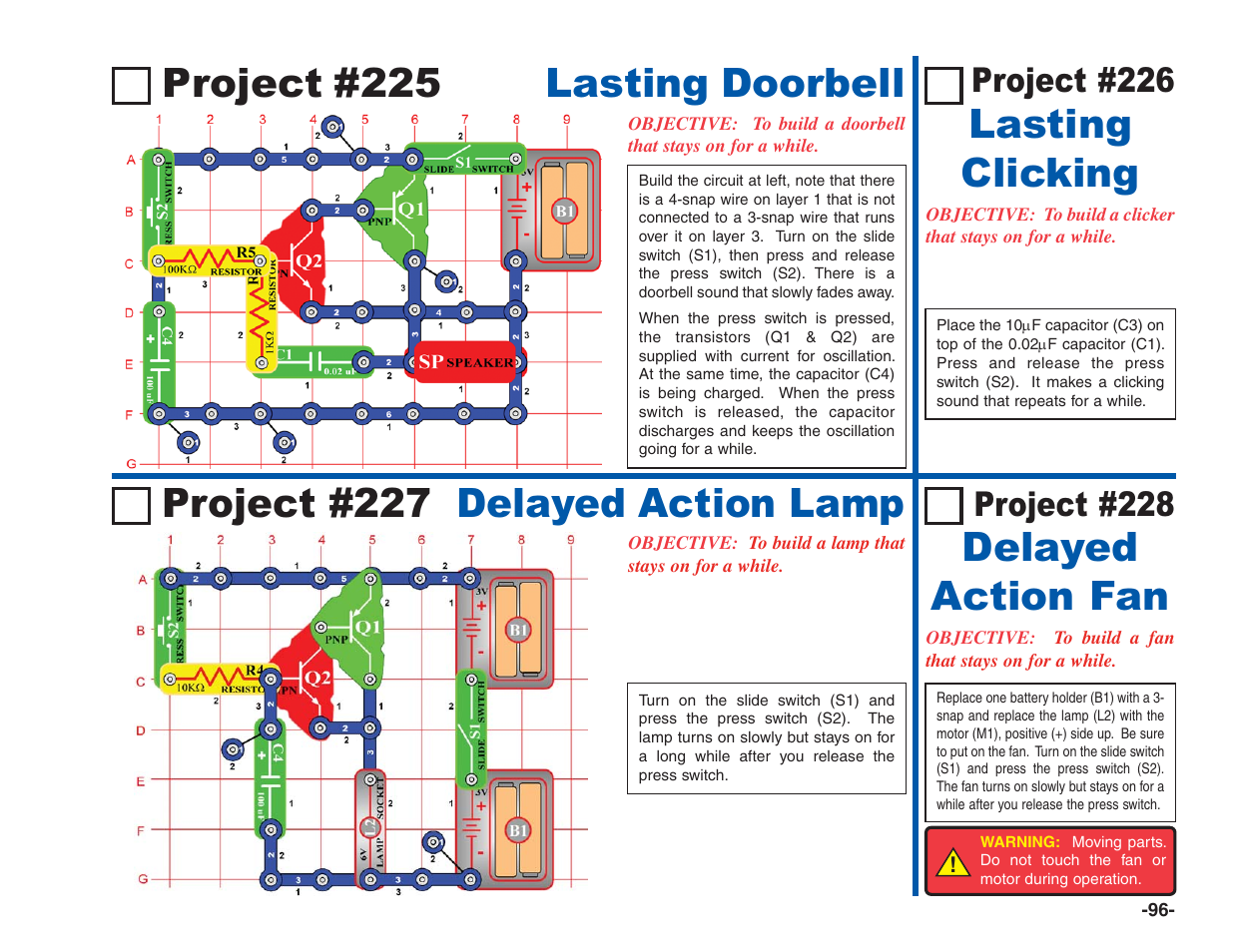 Project #225 lasting doorbell, Lasting clicking project #227 delayed action lamp, Delayed action fan | Project #226, Project #228 | Elenco Electronics 202 User Manual | Page 97 / 132