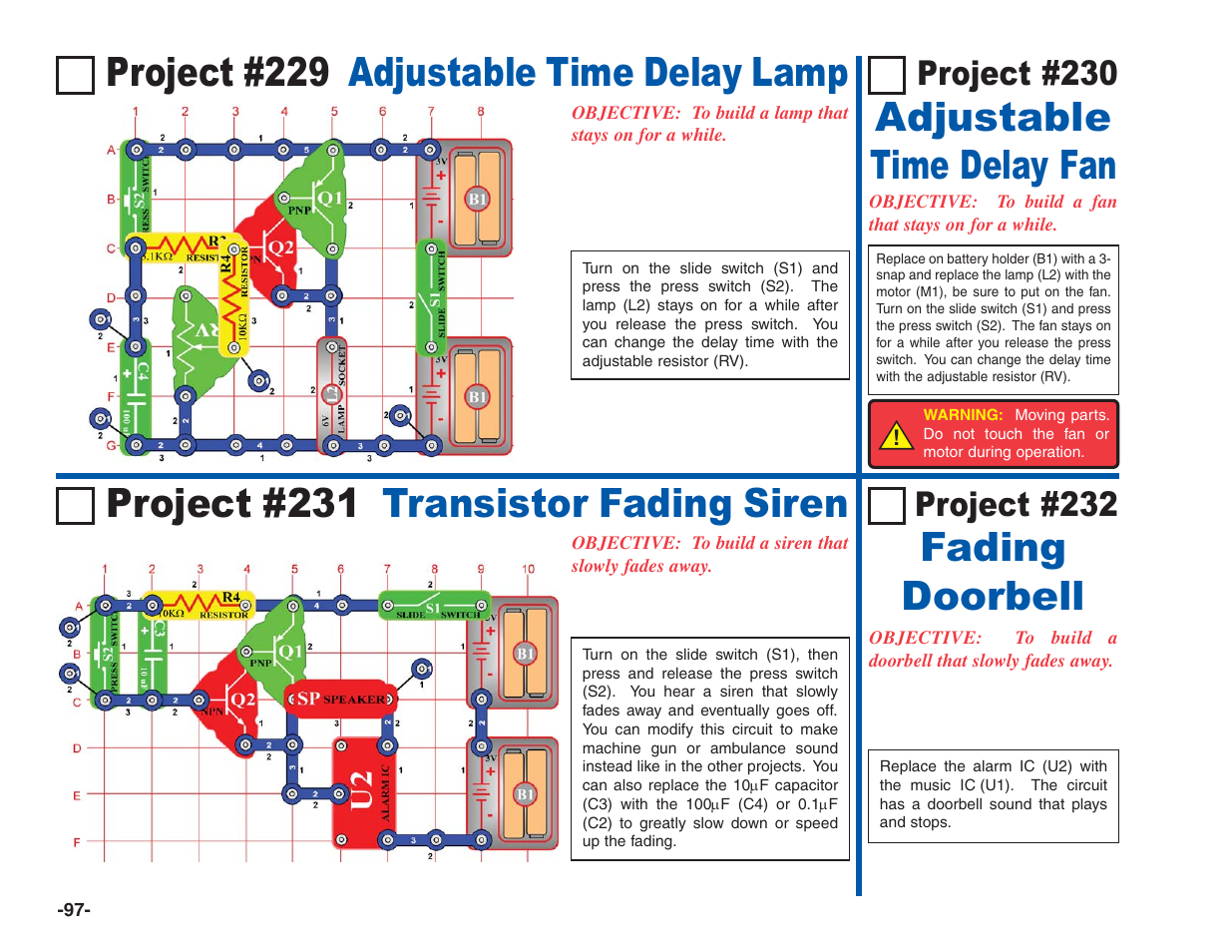 Project #229 adjustable time delay lamp, Fading doorbell, Project #230 | Project #232 | Elenco Electronics 202 User Manual | Page 98 / 132