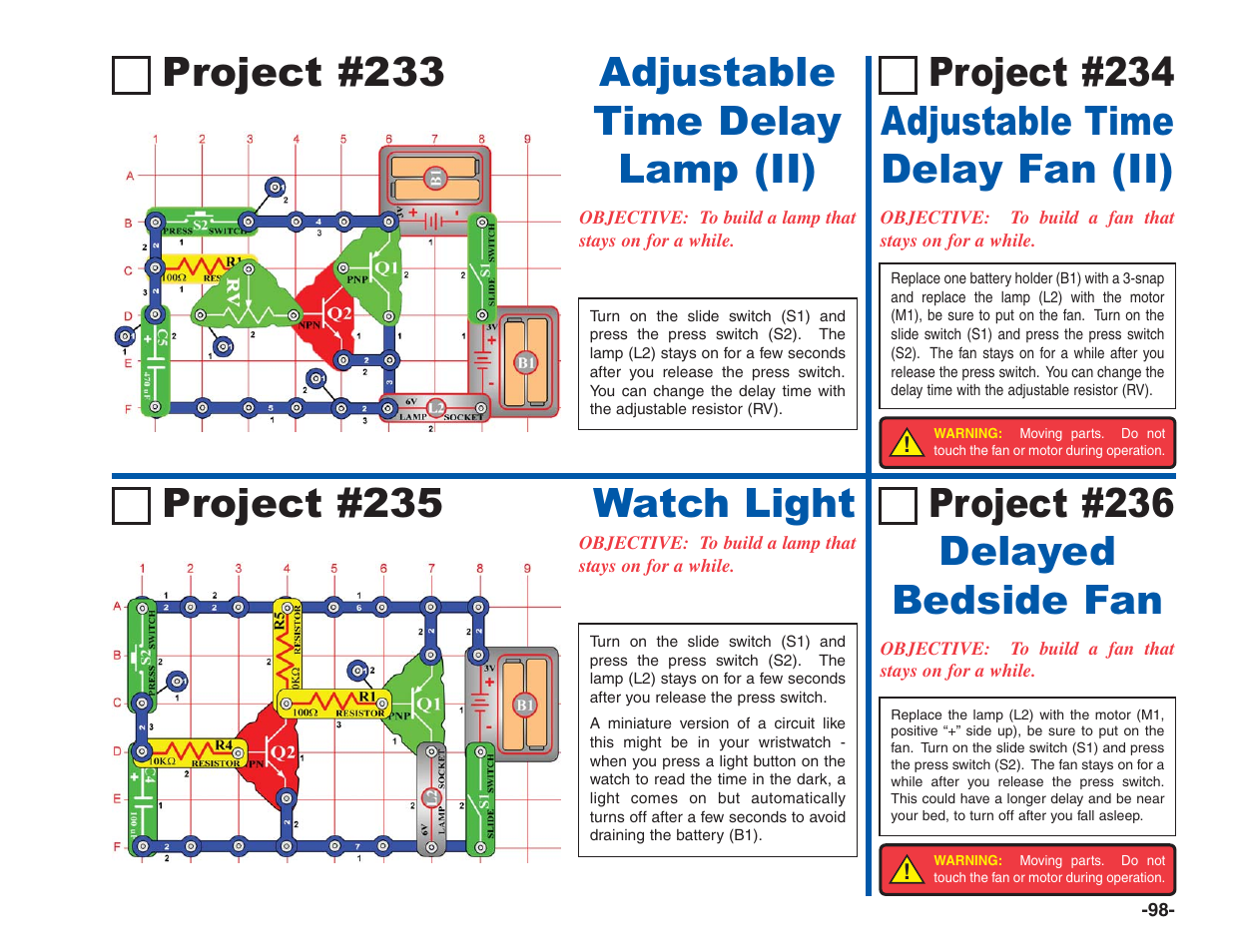 Project #233, Project #236 delayed bedside fan, Project #235 watch light | Elenco Electronics 202 User Manual | Page 99 / 132