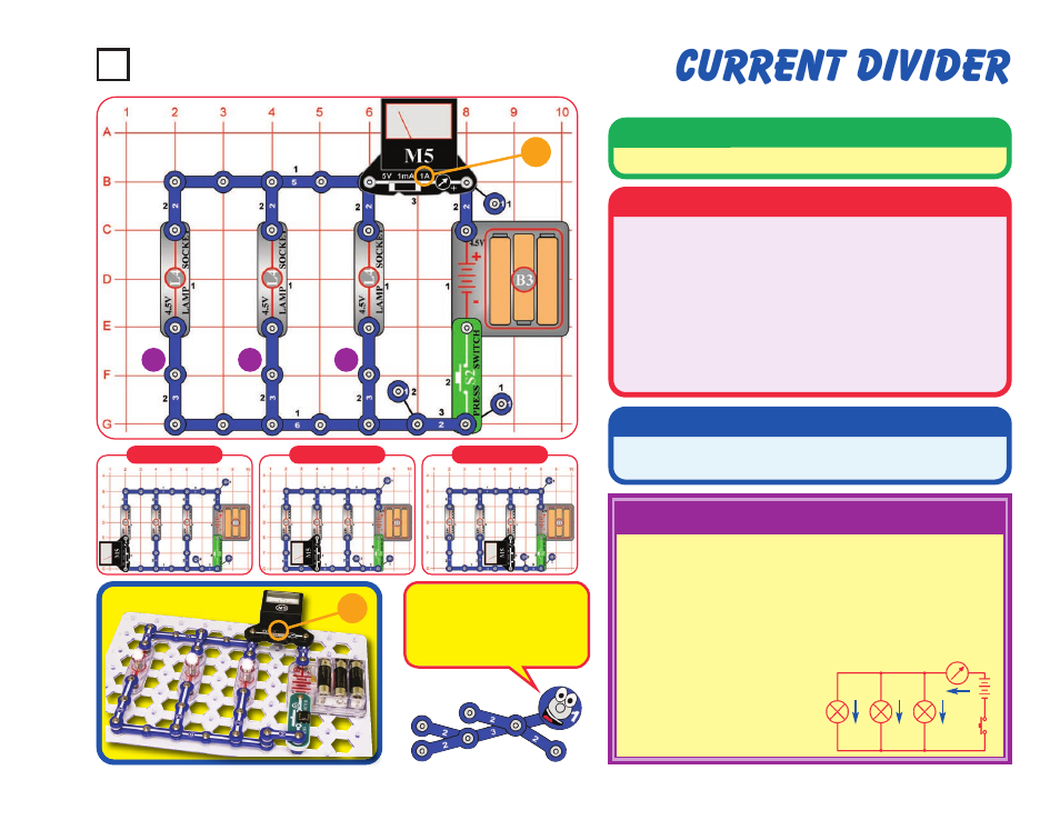 Current divider, Project #29, Educational corner | Operation, Description, Assembly | Elenco Snaptricity® User Manual | Page 39 / 92