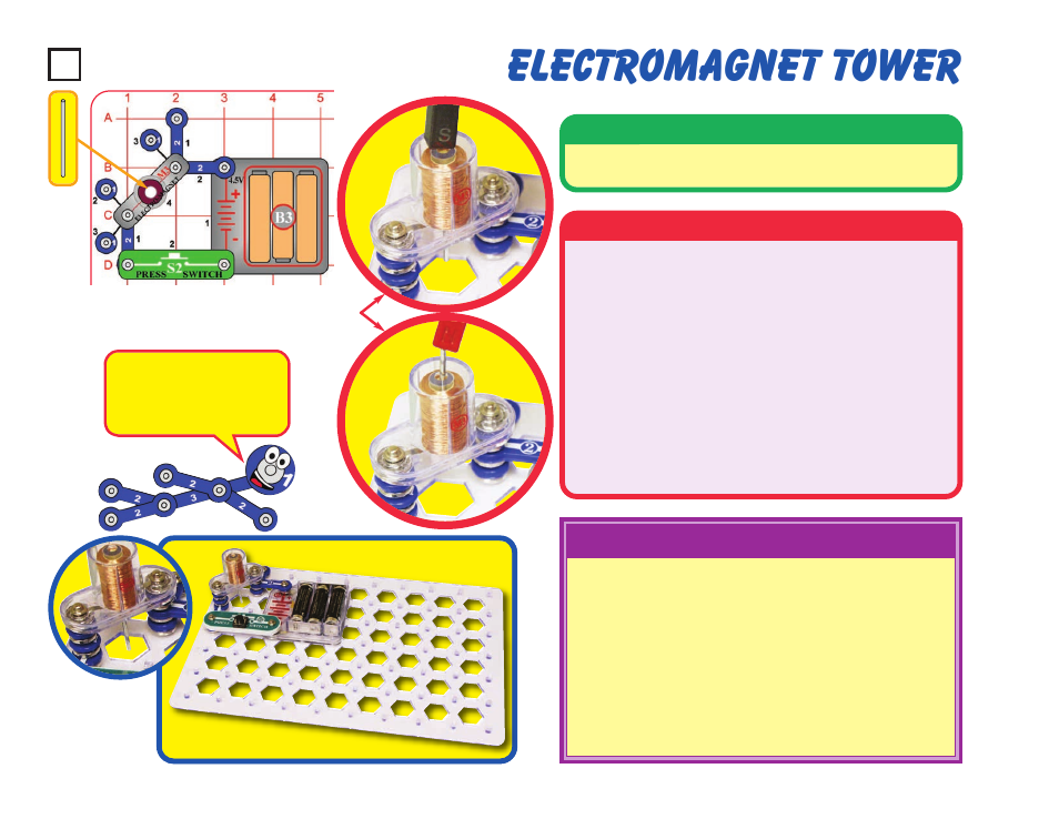 Electromagnet tower, Project #48, Educational corner | Operation, Assembly | Elenco Snaptricity® User Manual | Page 58 / 92