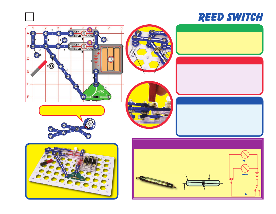 Reed switch, Project #67, Assembly | Operation description, Educational corner | Elenco Snaptricity® User Manual | Page 77 / 92