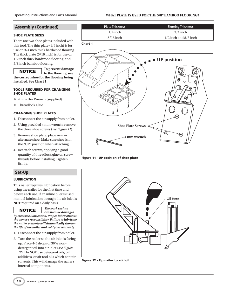 Assembly (continued), Set-up, Up position | Campbell Hausfeld Air Powered Flooring Nailer / Stapler CHN50300 User Manual | Page 10 / 56