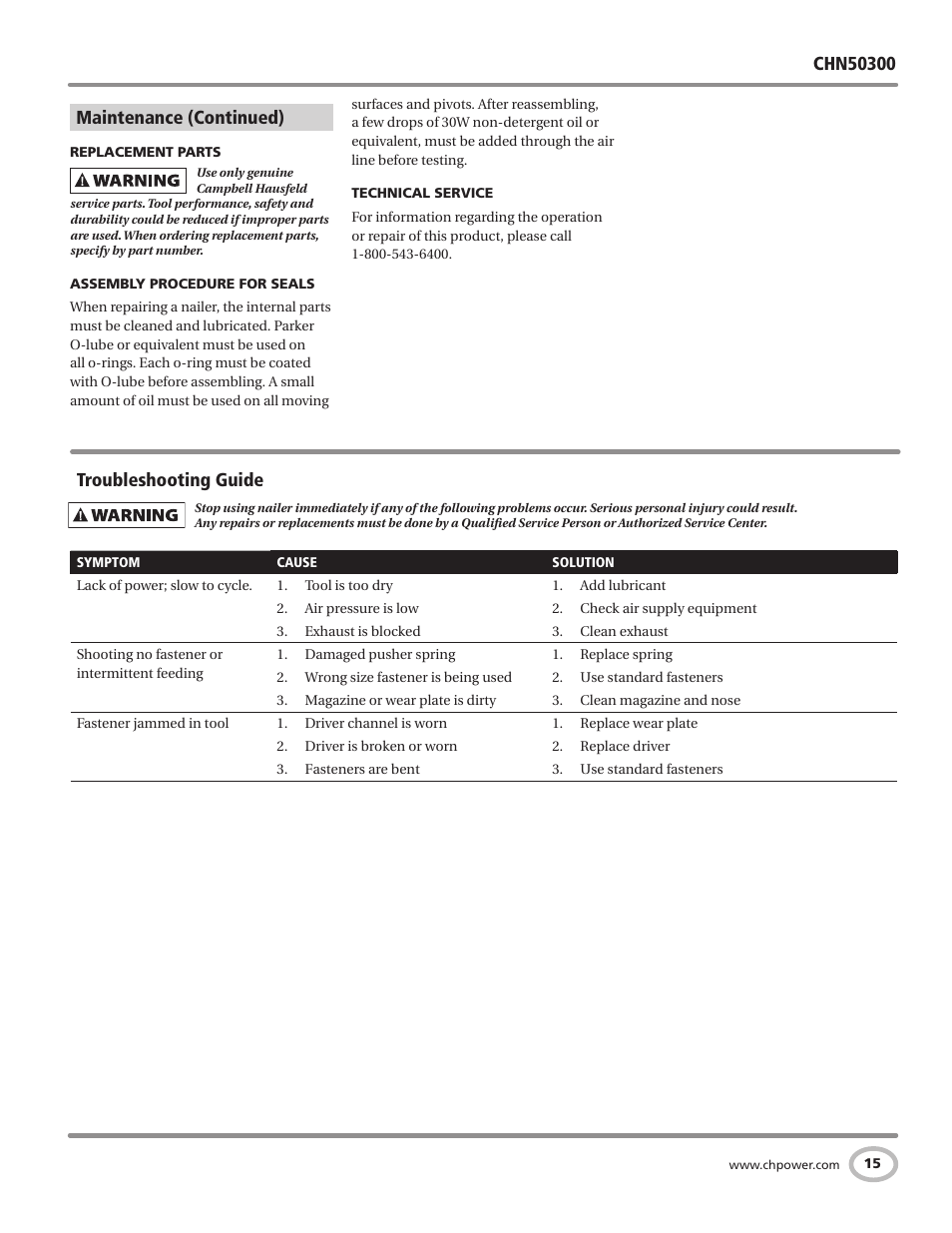 Maintenance (continued), Troubleshooting guide | Campbell Hausfeld Air Powered Flooring Nailer / Stapler CHN50300 User Manual | Page 15 / 56