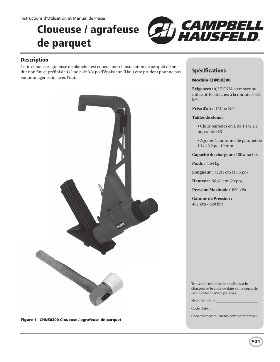 Cloueuse / agrafeuse de parquet | Campbell Hausfeld Air Powered Flooring Nailer / Stapler CHN50300 User Manual | Page 21 / 56