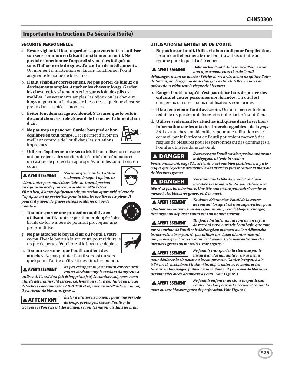 Campbell Hausfeld Air Powered Flooring Nailer / Stapler CHN50300 User Manual | Page 23 / 56