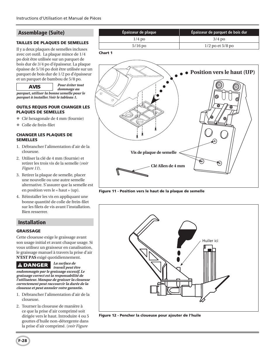 Assemblage (suite), Installation, Position vers le haut (up) | Campbell Hausfeld Air Powered Flooring Nailer / Stapler CHN50300 User Manual | Page 28 / 56