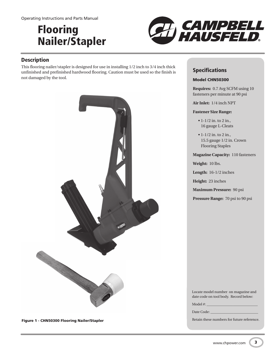 Flooring nailer/stapler | Campbell Hausfeld Air Powered Flooring Nailer / Stapler CHN50300 User Manual | Page 3 / 56