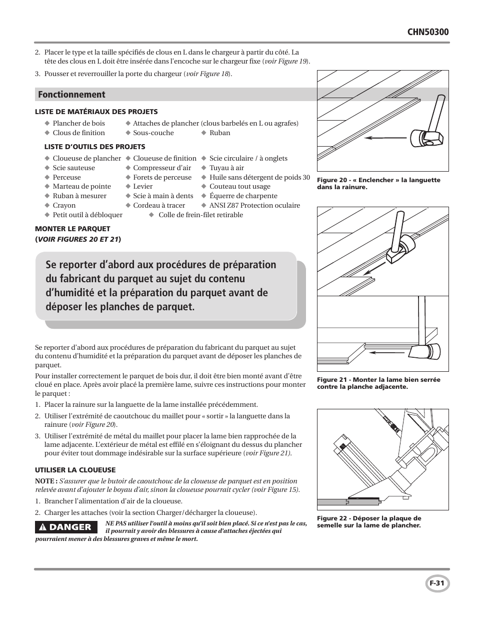 Fonctionnement | Campbell Hausfeld Air Powered Flooring Nailer / Stapler CHN50300 User Manual | Page 31 / 56