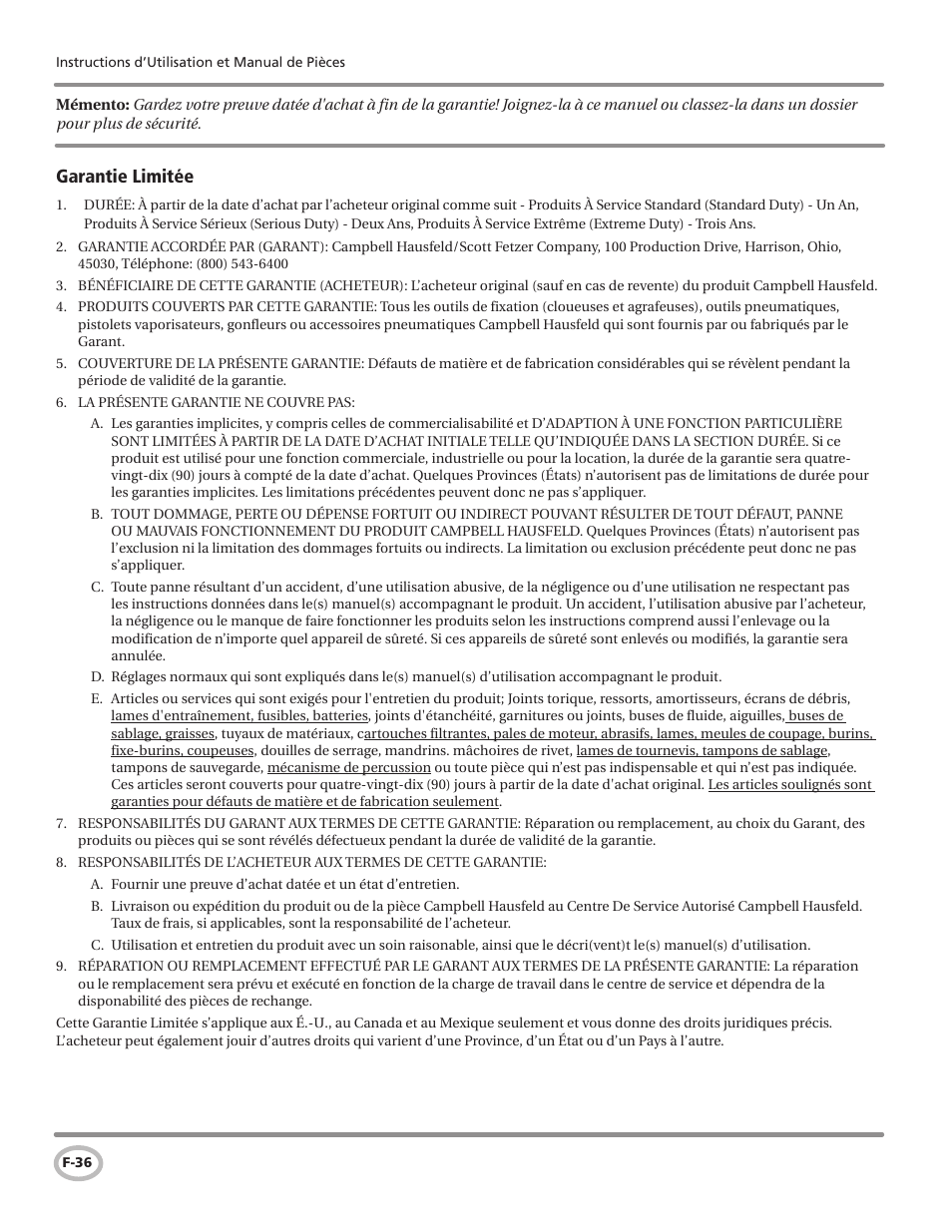 Garantie limitée | Campbell Hausfeld Air Powered Flooring Nailer / Stapler CHN50300 User Manual | Page 36 / 56