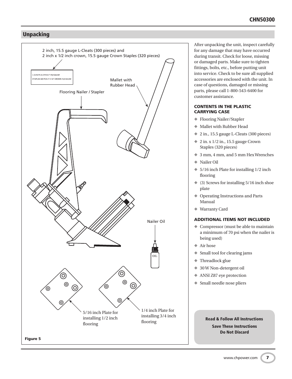 Unpacking | Campbell Hausfeld Air Powered Flooring Nailer / Stapler CHN50300 User Manual | Page 7 / 56