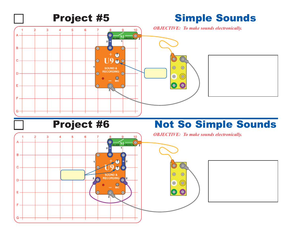 Project #5, Simple sounds, Not so simple sounds project #6 | Elenco Deluxe Snap Rover® User Manual | Page 16 / 48