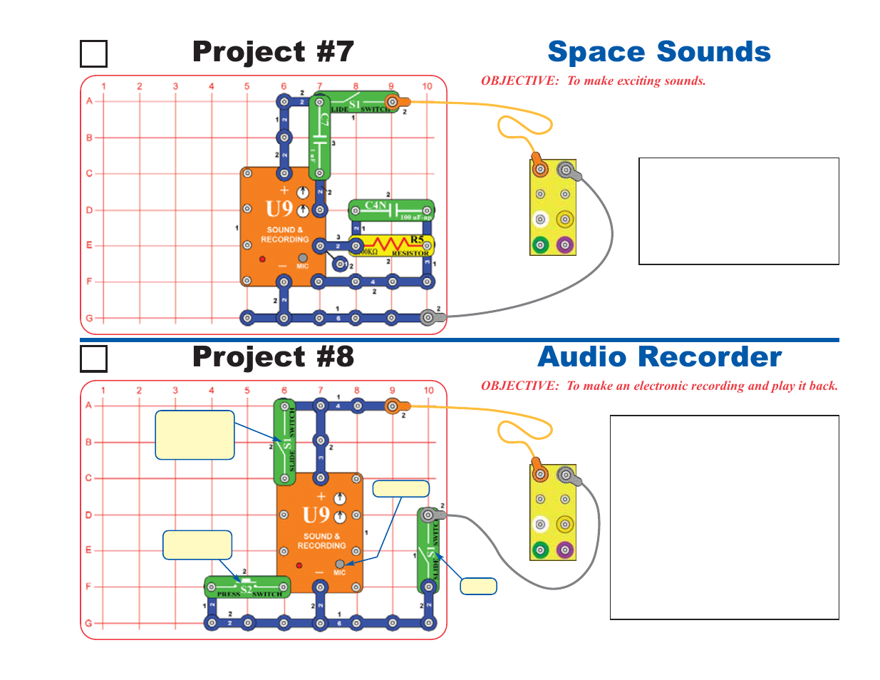 Space sounds project #7, Audio recorder project #8 | Elenco Deluxe Snap Rover® User Manual | Page 17 / 48