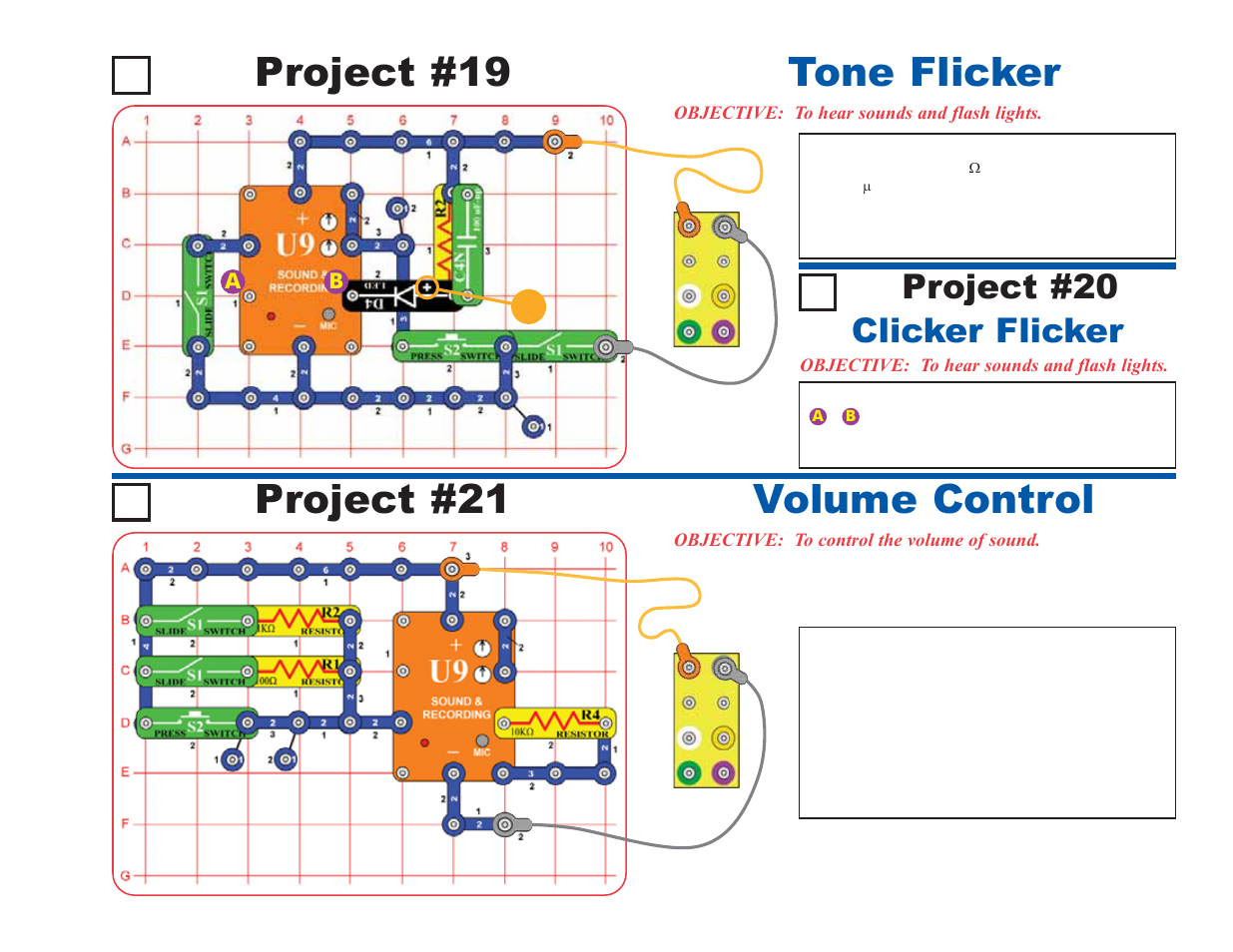 Project #21 volume control project #19, Tone flicker, Project #20 | Clicker flicker | Elenco Deluxe Snap Rover® User Manual | Page 23 / 48