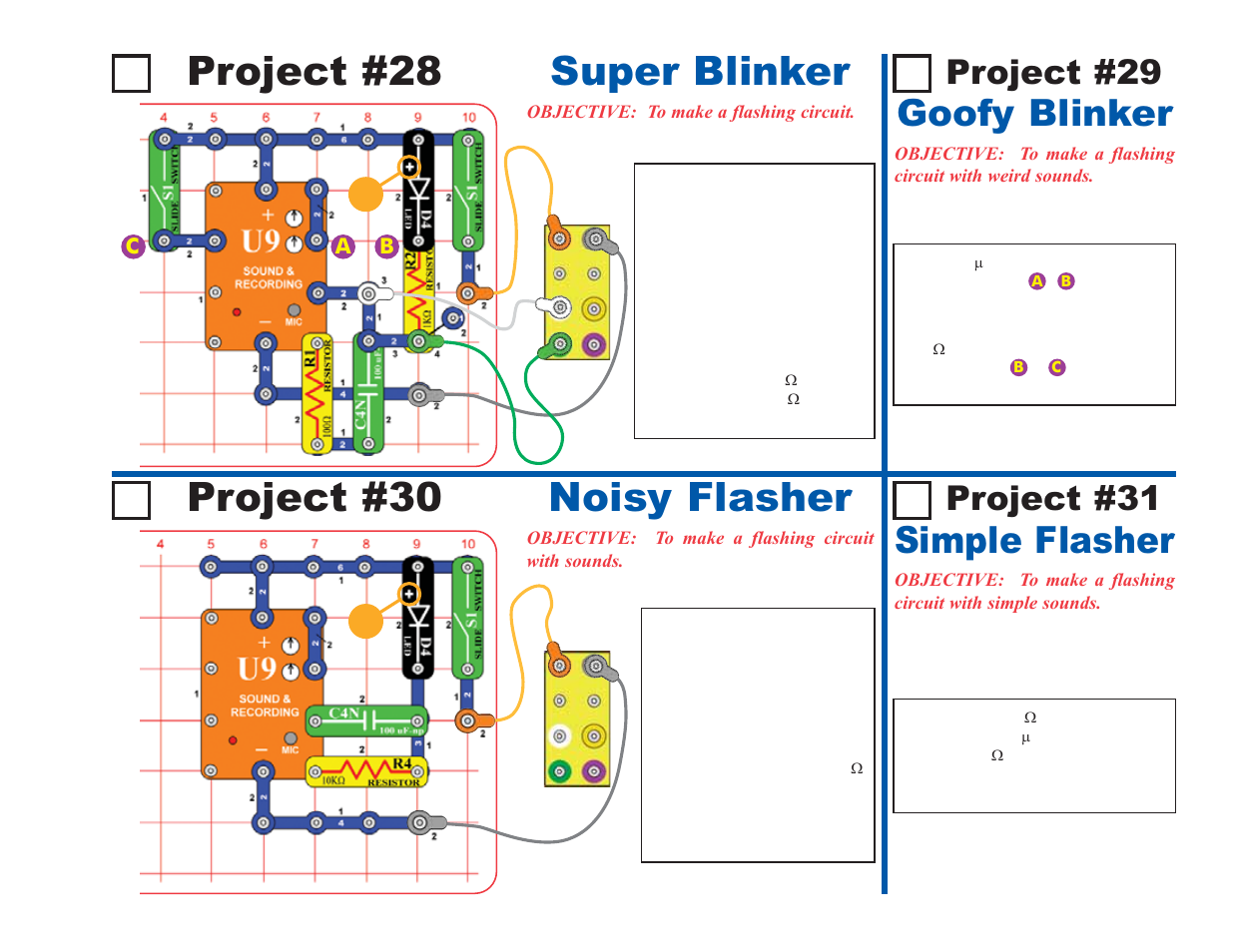 Project #28, Super blinker, Noisy flasher project #30 | Goofy blinker, Simple flasher, Project #29, Project #31 | Elenco Deluxe Snap Rover® User Manual | Page 27 / 48