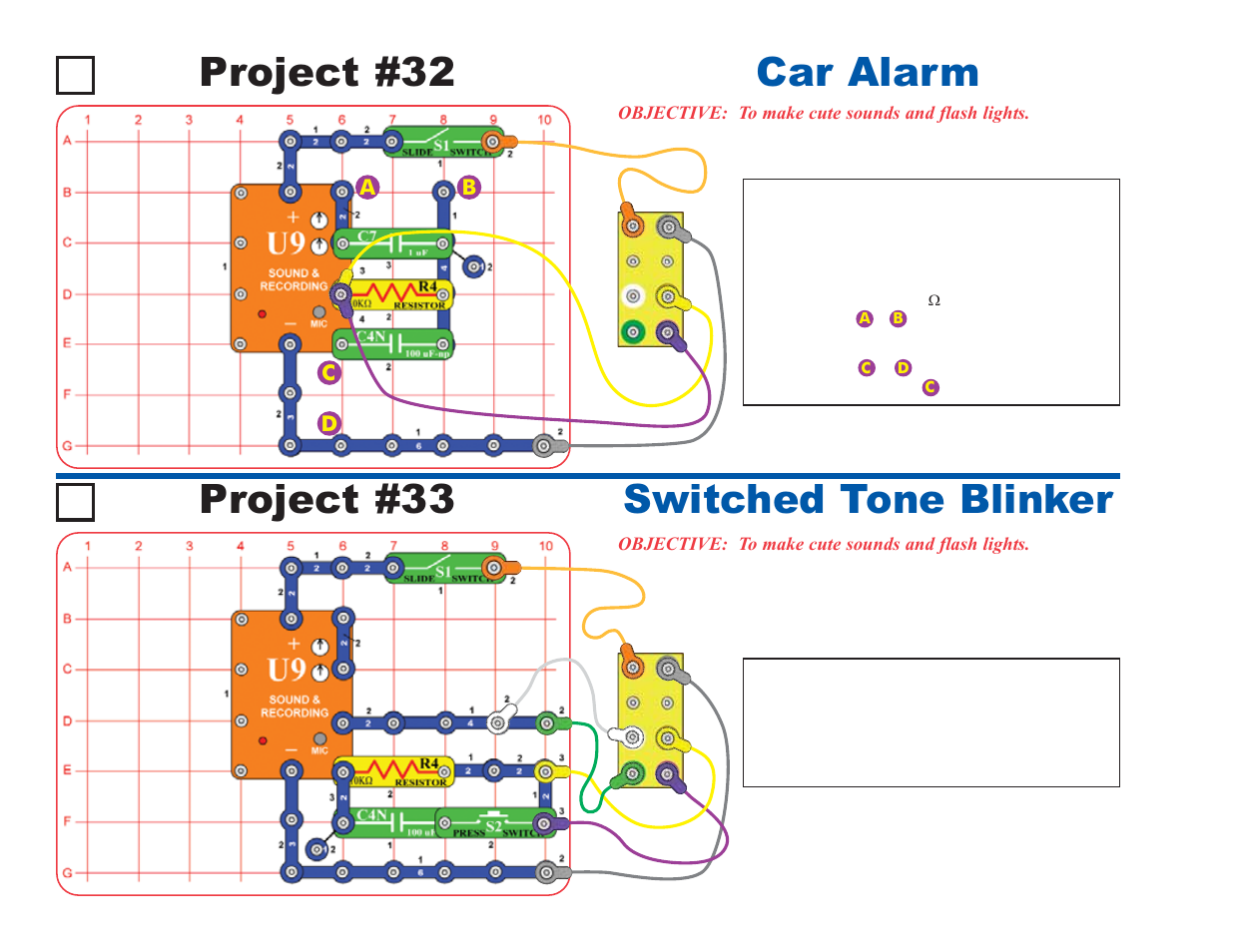 Project #33 switched tone blinker project #32, Car alarm | Elenco Deluxe Snap Rover® User Manual | Page 28 / 48