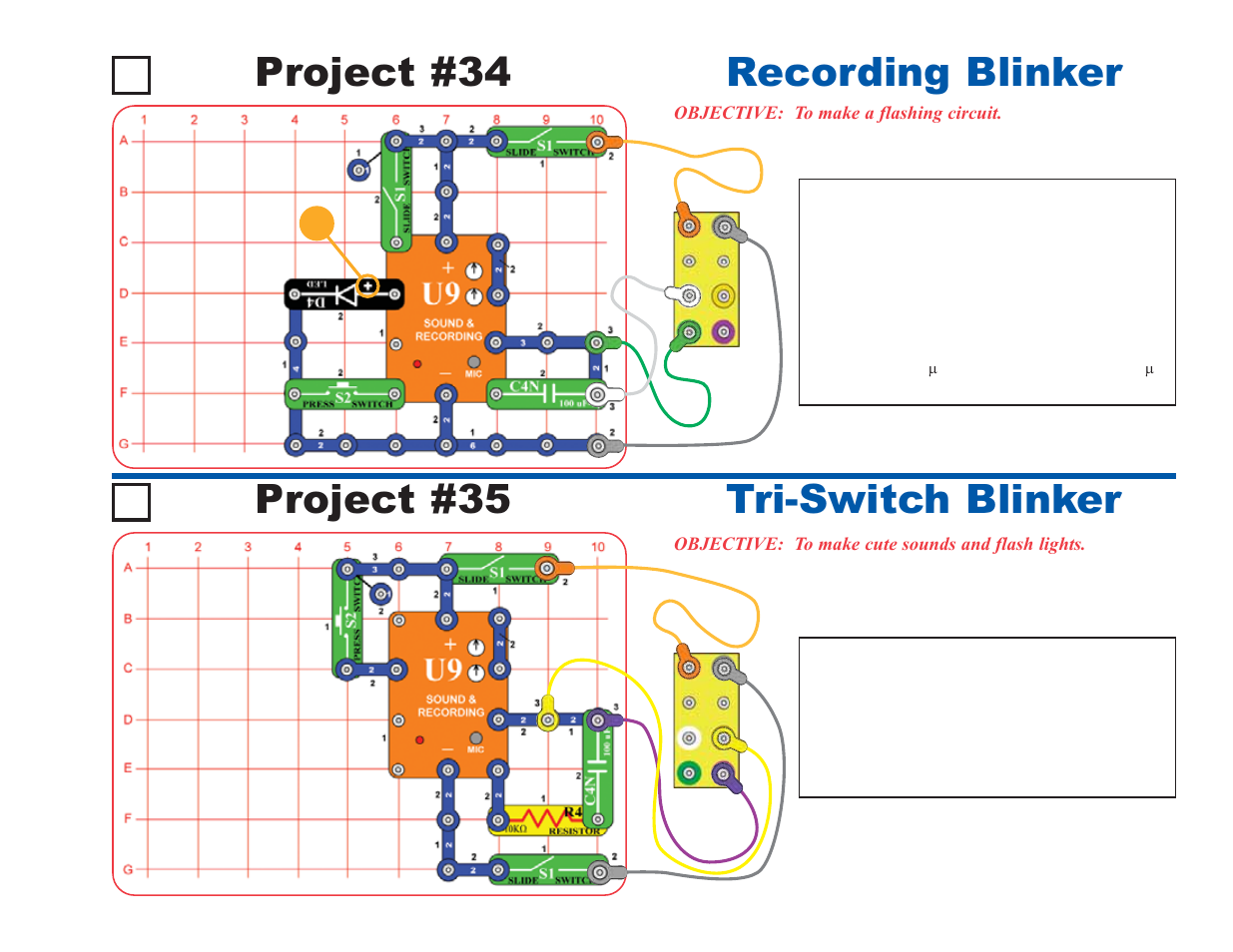 Project #35 tri-switch blinker project #34, Recording blinker | Elenco Deluxe Snap Rover® User Manual | Page 29 / 48