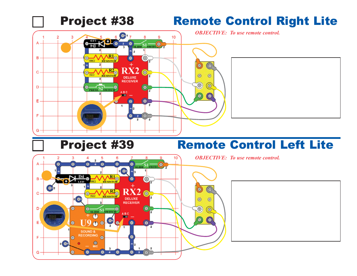 Project #39 remote control left lite project #38, Remote control right lite | Elenco Deluxe Snap Rover® User Manual | Page 31 / 48