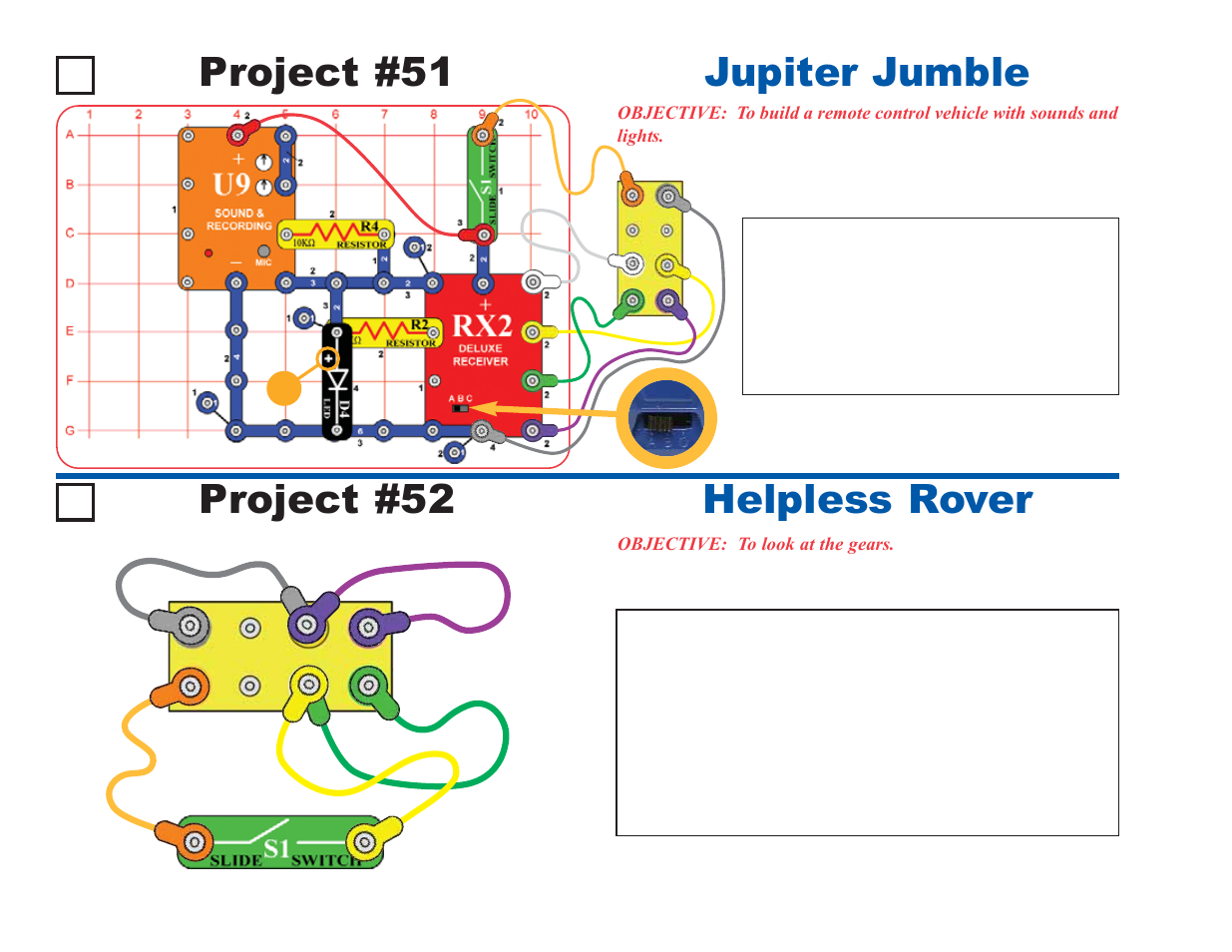 Project #52 helpless rover project #51, Jupiter jumble, Ro ver rear | Elenco Deluxe Snap Rover® User Manual | Page 38 / 48