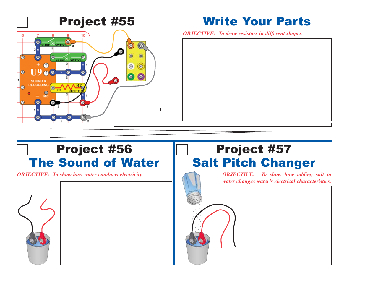 Project #55, Write your parts, Project #56 the sound of water | Project #57 salt pitch changer | Elenco Deluxe Snap Rover® User Manual | Page 40 / 48