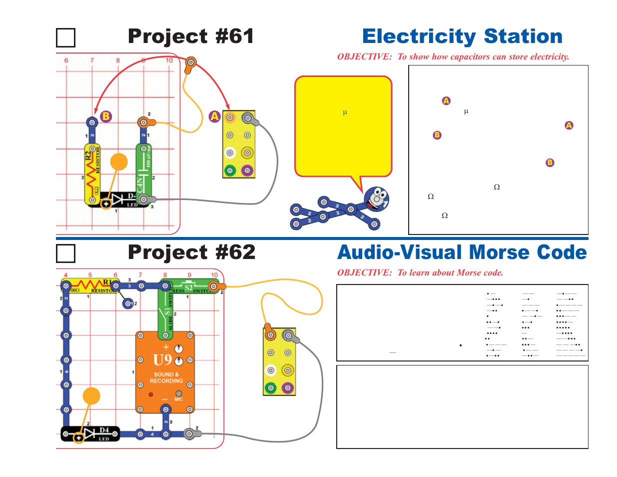 Project #61, Electricity station, Project #62 | Audio-visual morse code, Objective: to learn about morse code | Elenco Deluxe Snap Rover® User Manual | Page 43 / 48