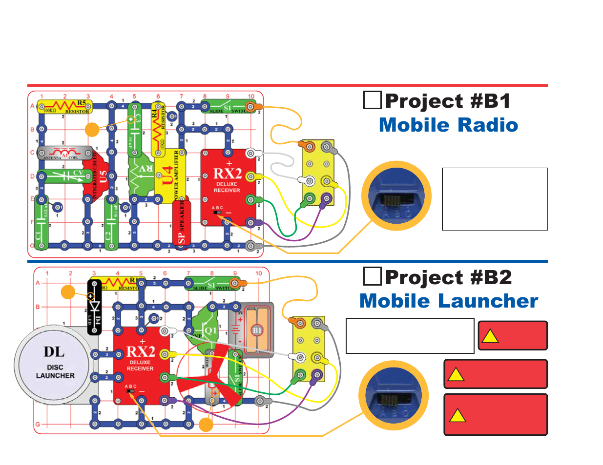 Project #b1 mobile radio, Project #b2 mobile launcher, Bonus circuits for snap circuits | Owners | Elenco Deluxe Snap Rover® User Manual | Page 46 / 48