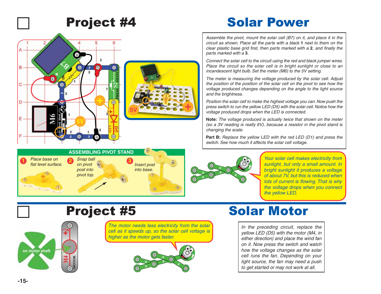 Project #4, Solar power, Project #5 solar motor | Elenco Green Projects User Manual | Page 16 / 80