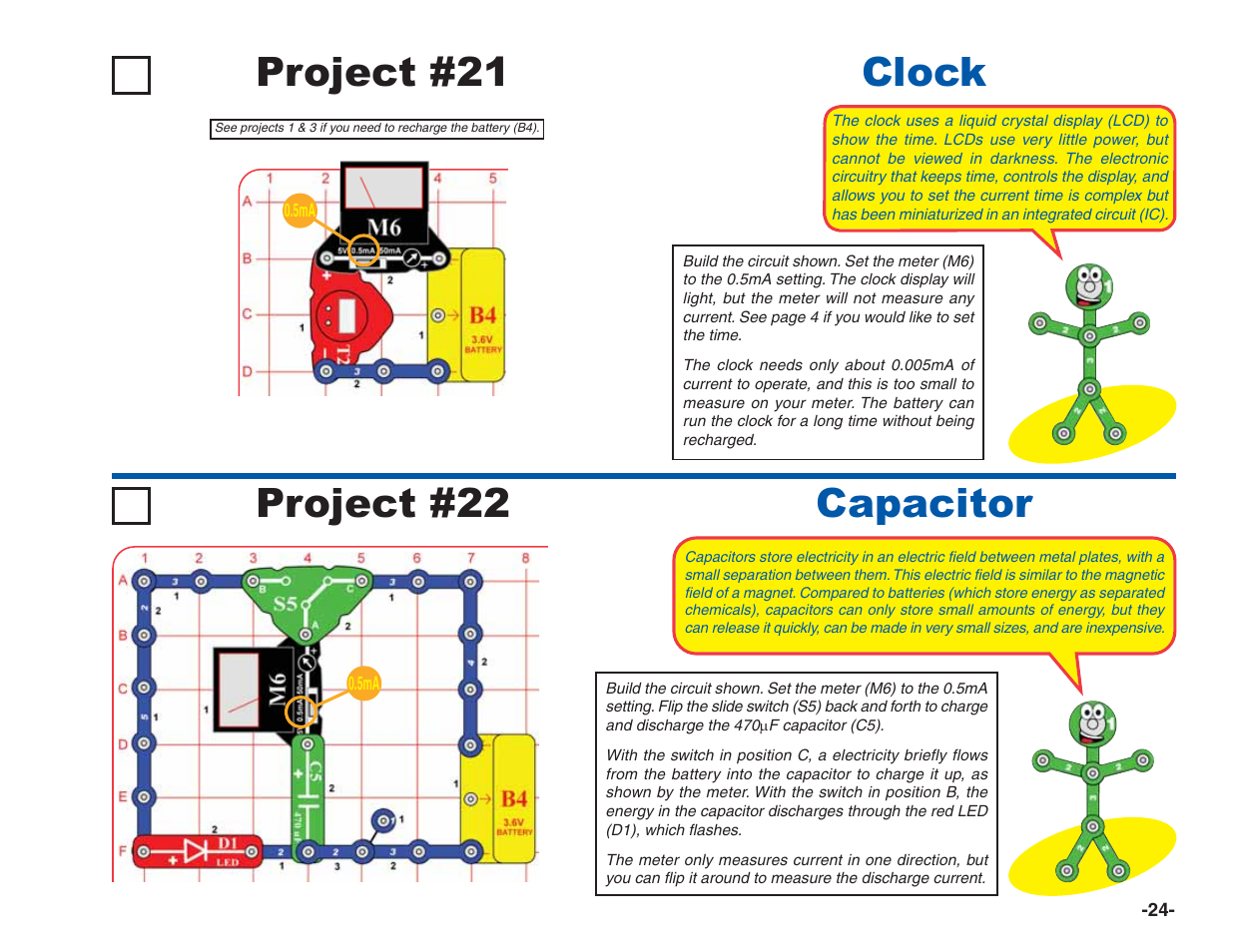 Project #21 clock capacitor project #22 | Elenco Green Projects User Manual | Page 25 / 80