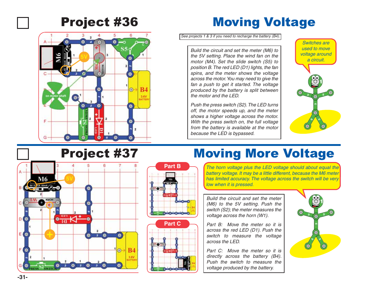 Moving voltage project #36, Project #37 moving more voltage | Elenco Green Projects User Manual | Page 32 / 80