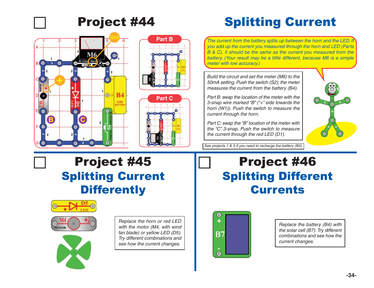 Project #44 splitting current, Project #45, Project #46 | Splitting current differently, Splitting different currents | Elenco Green Projects User Manual | Page 35 / 80