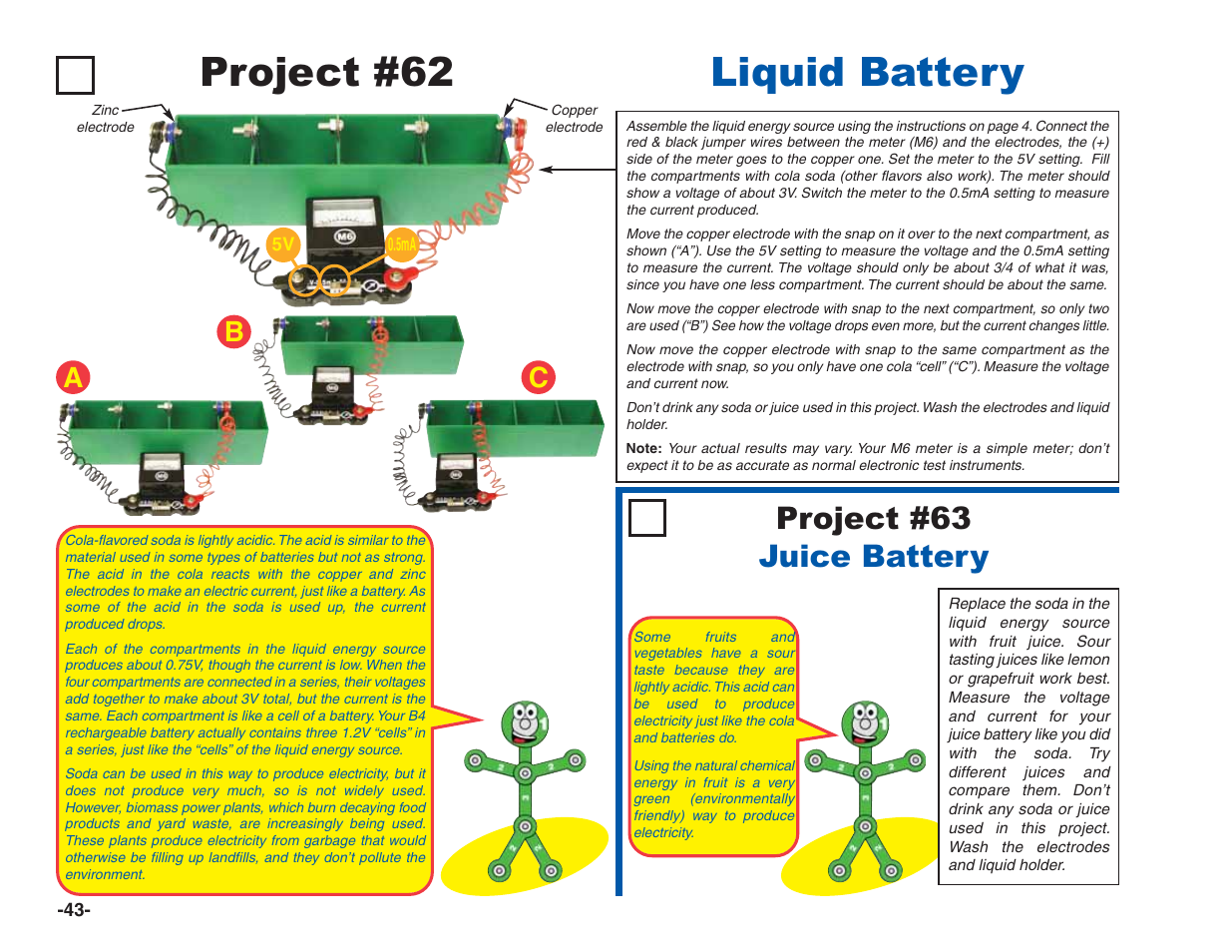 Project #62 liquid battery, Project #63 juice battery, Bc a | Elenco Green Projects User Manual | Page 44 / 80