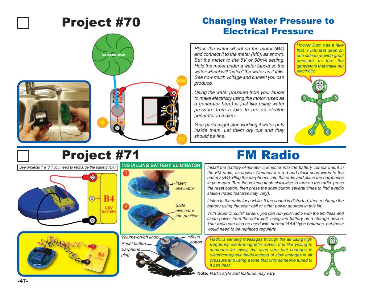 Project #70, Fm radio project #71, Changing water pressure to electrical pressure | Elenco Green Projects User Manual | Page 48 / 80