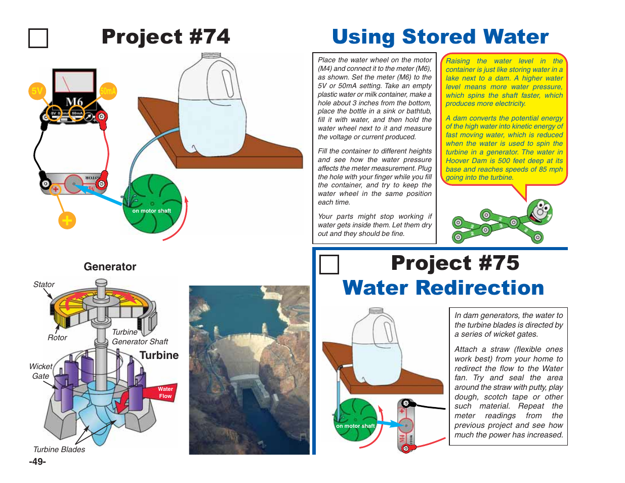 Project #74 using stored water, Water redirection project #75 | Elenco Green Projects User Manual | Page 50 / 80